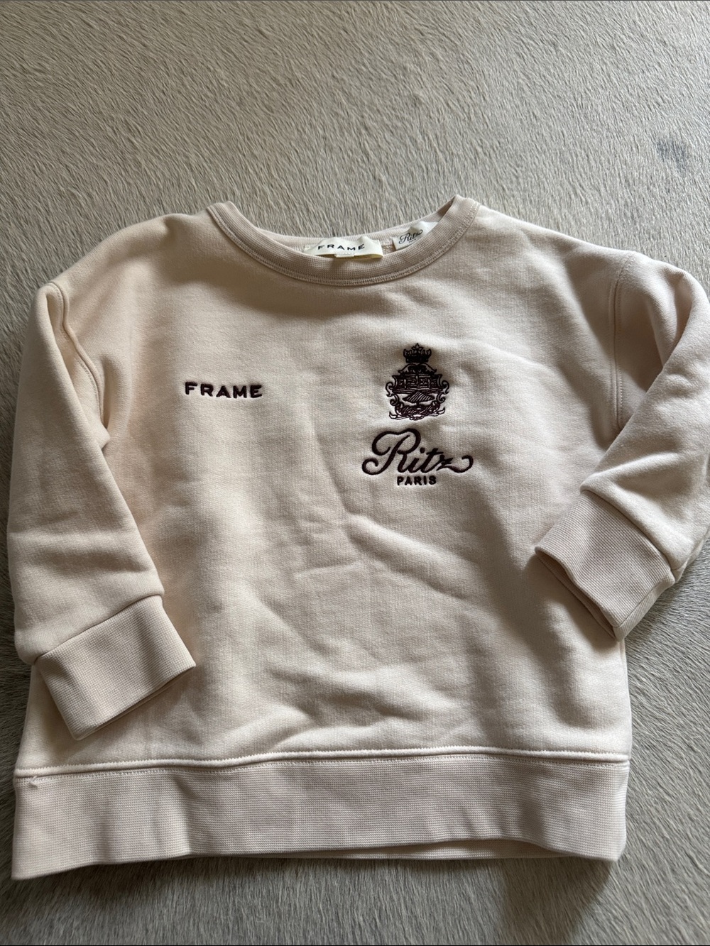 Frame Denim Kids Cream Crewneck Sweatshirt with Embroidered Ritz Crest